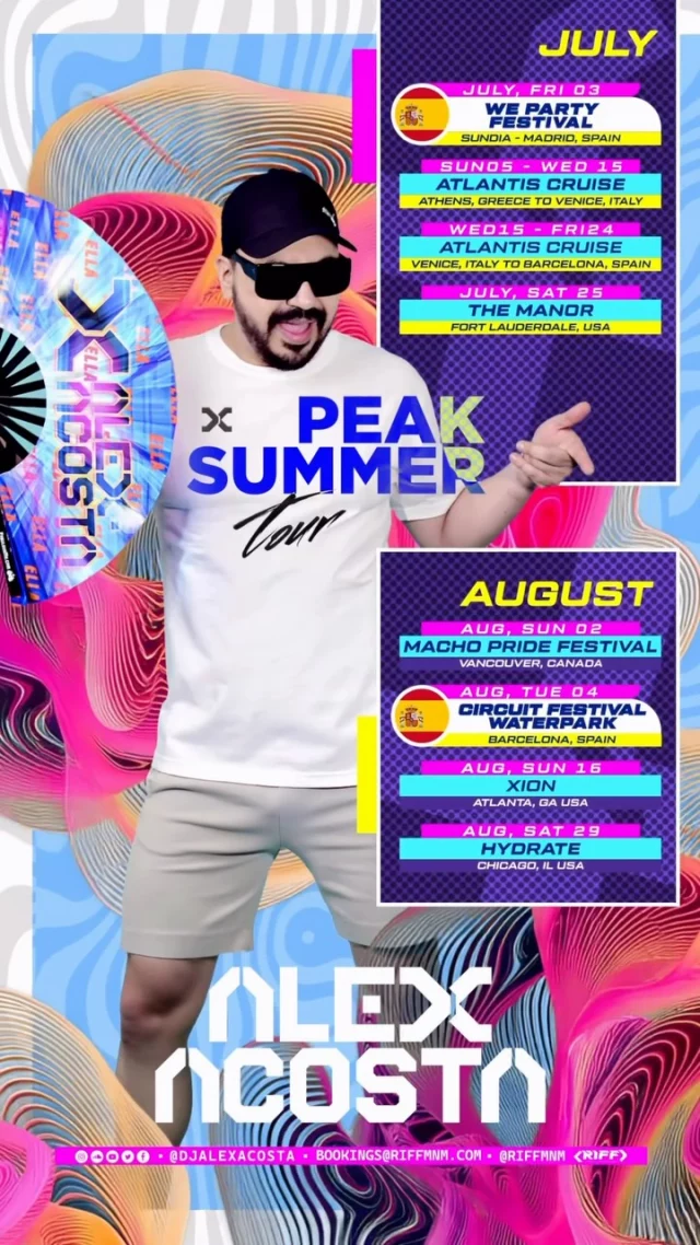 ☀️ Summer has reached its PEAK, and we’re turning up the heat.

From Madrid, to two Mediterranean cruises, across North America, and back to Barcelona’s iconic Water Park… the energy never stops. 🔥

The temperatures are rising, the music is louder than ever, and these dates are absolutely sizzling.

Where will I see you this summer? 🌍👇❤️

#djalexacosta #aaontour #djlife #summertour #riffmnm